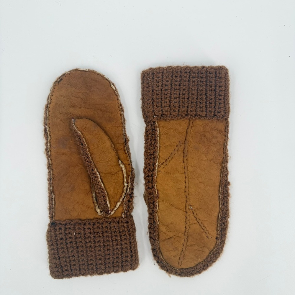 Neiman Marcus Mittens Shearling Lined Leather Knit Cuff Vintage Womens 7 Brown